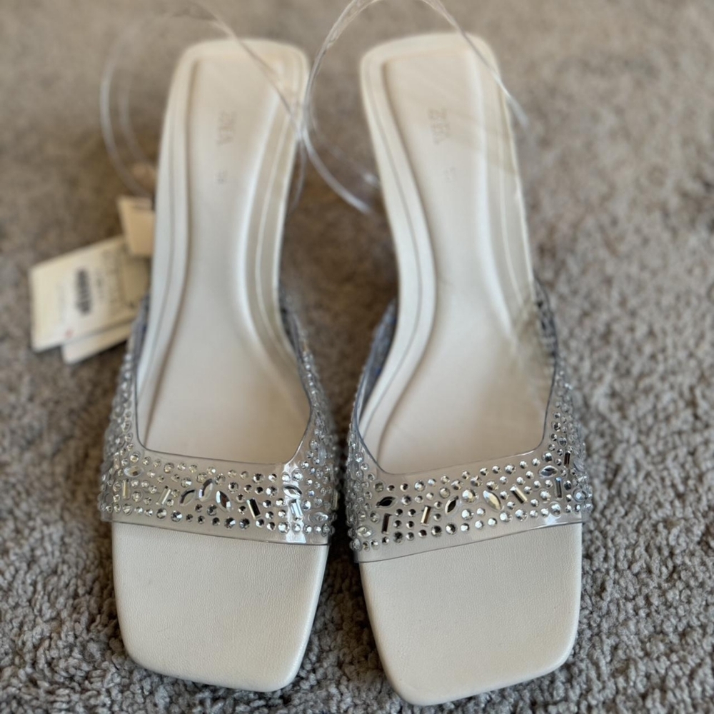 Zara White and Cream Rhinestone Vinyl Square-toe Heeled Sandals